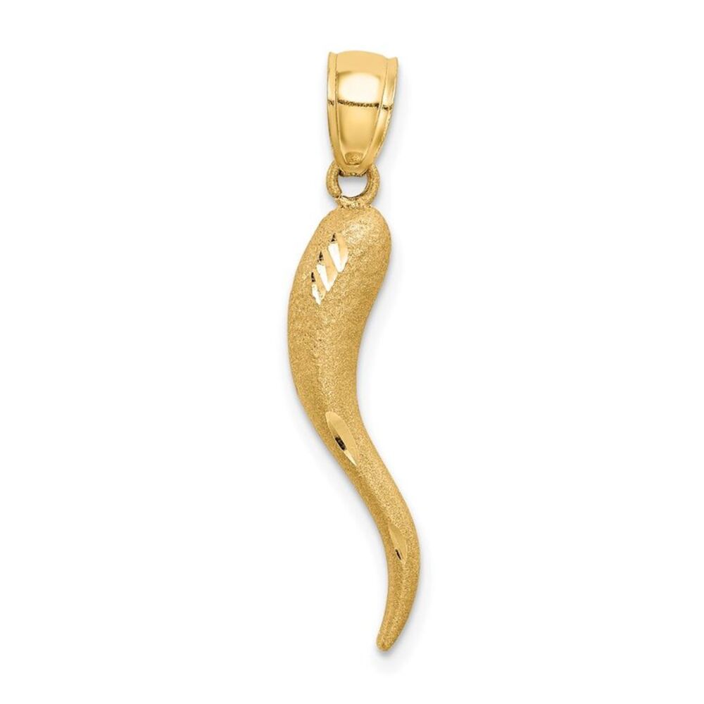 14k Yellow Gold Satin & Diamond Cut Italian Horn Pendant, 5 x 30mm - Picture 1 of 5